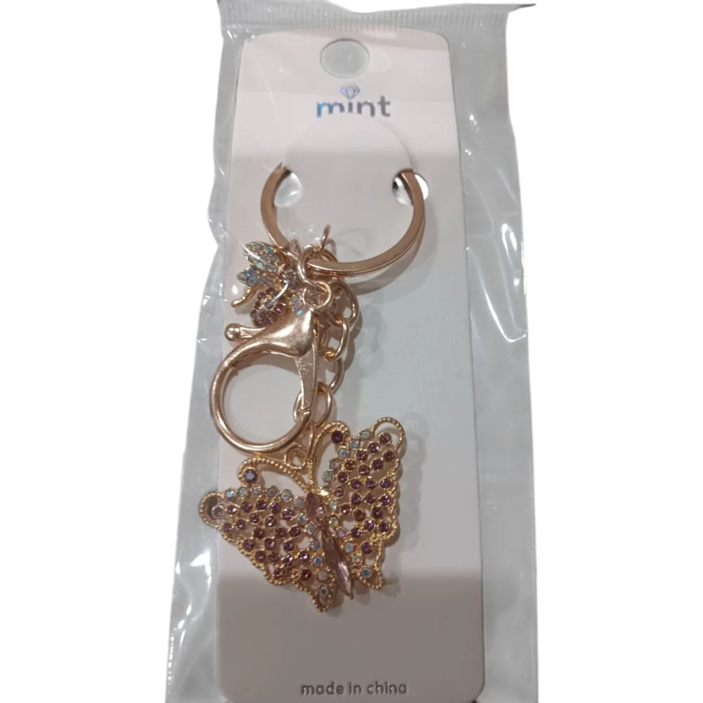 Amethyst Color Rhinestone Butterfly Bumblebee Gold Tone Keychain Purse Charm